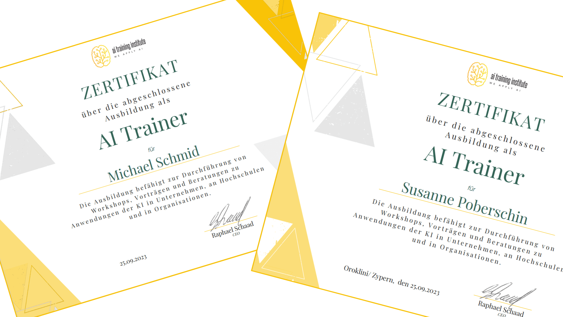 Zertifikate KI-Trainer / AI Trainer für Michael Schmid und Susanne Poberschin